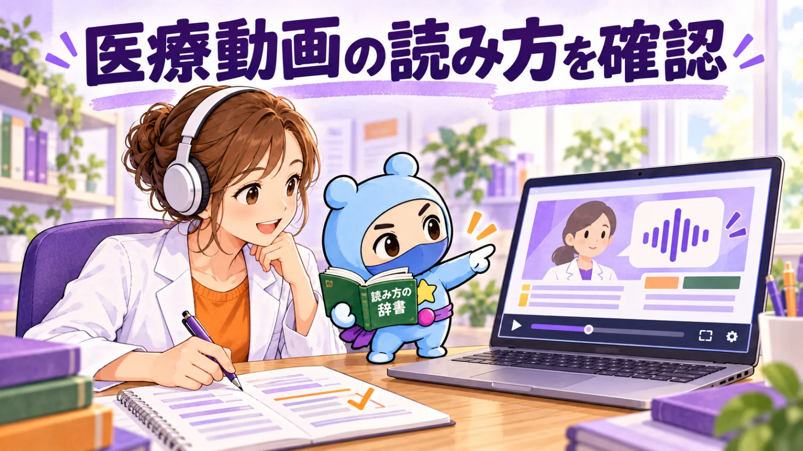 医療スタッフとスモールGが、読み方の辞書と動画の音声を確認しているイラスト