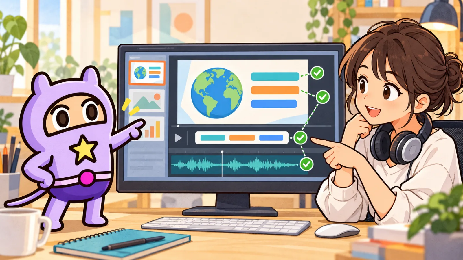 紫色のSmallGと女性が、モニター上のスライド内テキスト、字幕、音声波形の一致を確認している手描きアニメ風イラスト