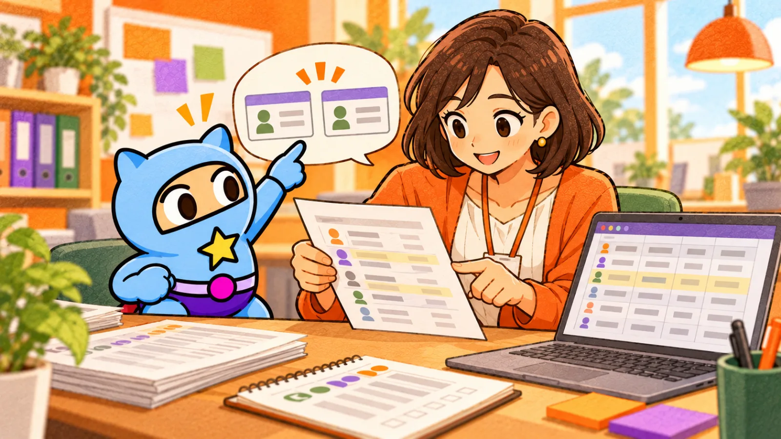 スモールGと研修担当者が、受講者名簿とパソコン上のIDを照合している手描きアニメ調イラスト
