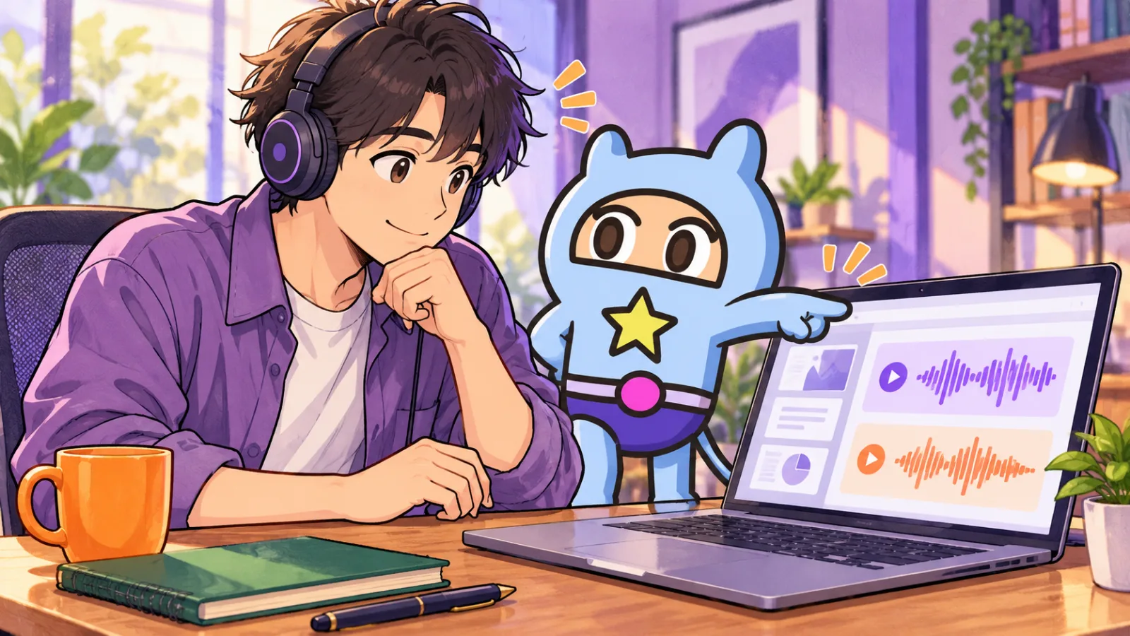 ヘッドホンで説明動画の声を確認する担当者と、画面の音声候補を指すスモールG。紫を基調にした手描きアニメ調イラスト。