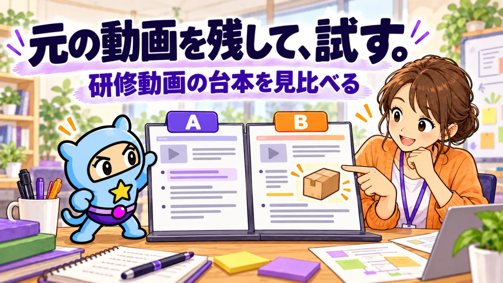 スモールGと研修担当者が、元の台本を残しながら具体例を加えた別案の研修動画を見比べる手描きアニメ調のイラスト