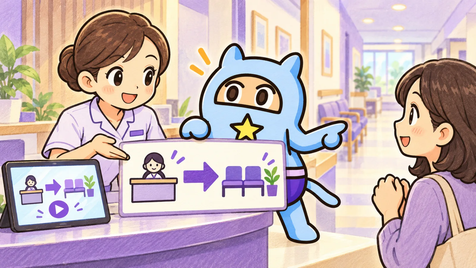 受付スタッフとスモールGが、案内カードと動画を使って来院者に院内の行き方を伝えるイラスト