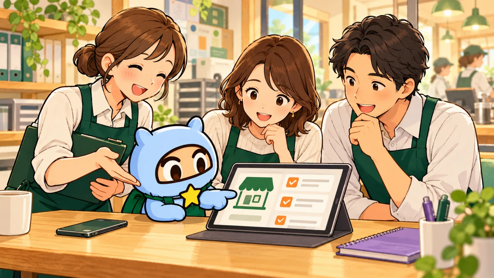 店長と新しい担当者がスモールGと一緒に、店舗の連絡先と教育教材の引き継ぎをタブレットで確認している