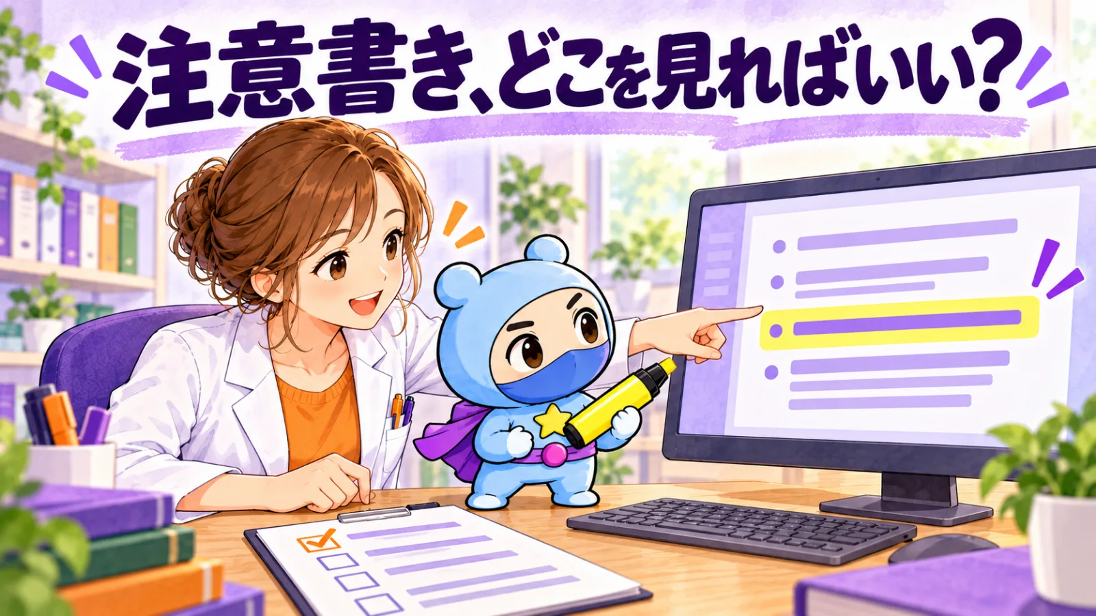 医療スタッフとスモールGが、説明スライドの一文全体を蛍光ペンで示し、注意書きの位置を確認する場面