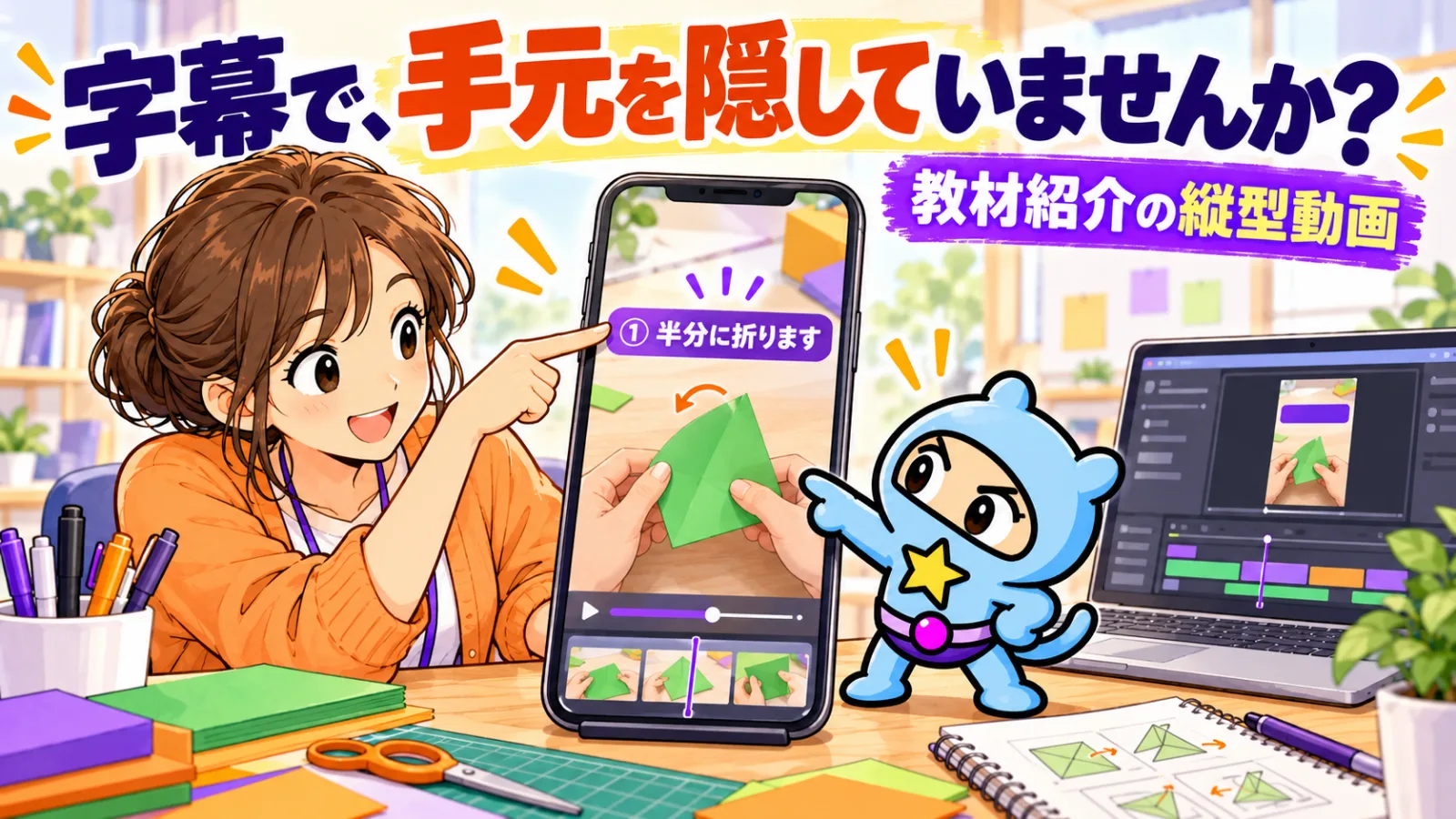 スモールGと講師が、折り紙の手元を隠さない字幕位置をスマートフォンの縦型動画で確認するイラスト