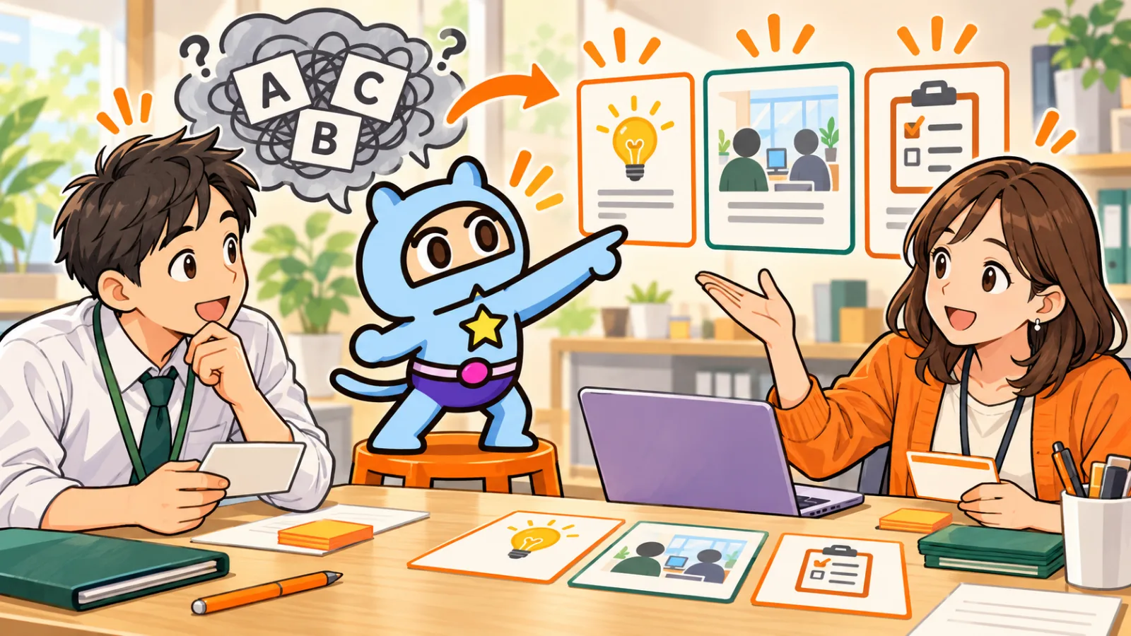 新人と先輩がスモールGと協力し、社内用語を意味・場面・行動の三枚のカードに整理するイラスト