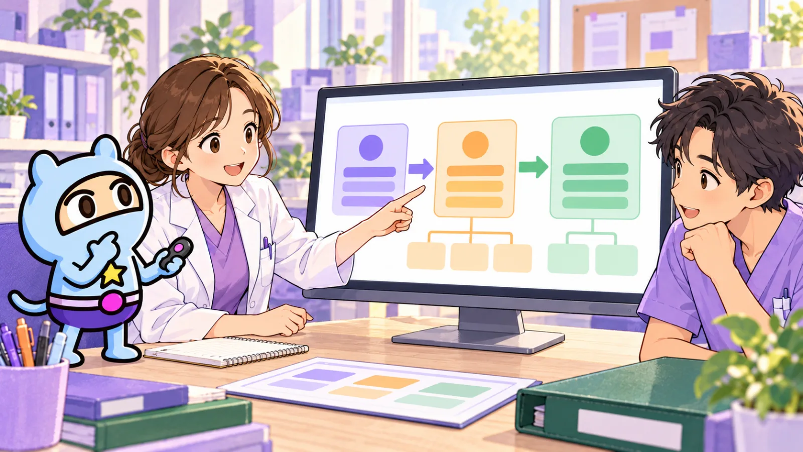 スモールGと医療スタッフが、画面全体に表示した院内研修の連絡フロー図を確認しているイラスト