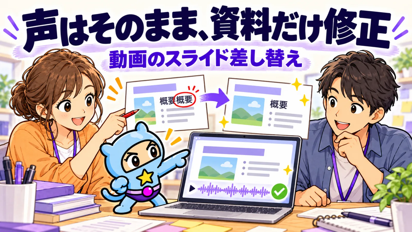 紫を基調に、SmallGと二人の担当者がスライドの重複文字を直し、音声波形を確認している手描きアニメ風イラスト
